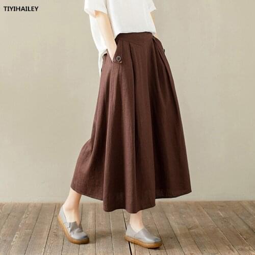 TIYIHAILEY Free Shipping 2021 New Long Mid-Calf Elastic High Waist Women Cotton Linen Skirts Spring Summer Black Brown A-line