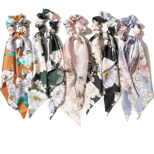 Vintage Silk Long Streamer Flower Knot Ribbon Elegant Elastic Hair Rope For Women Classic Hair Band Scarf Hair Tie Accessories