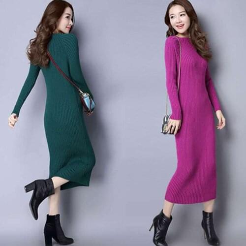Knitted Sweater Dress Women Clothing 2021 Autumn Winter New Fashion Solid Round Neck Long Sleeve Maxi Dresses High Quality X359