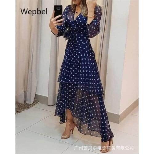 WEPBEL Blue Polka Dots Floral Printed Dress Fashion Casual Women Dress Long Sleeve A-line High Waist V-neck Long Dress