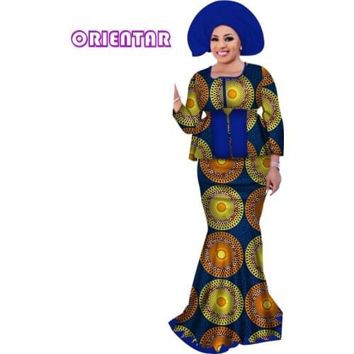 Women African Outfits with Headscarf Bazin Riche African Print Blouse and Long Skirts Women African Clothes Suits Set WY3109