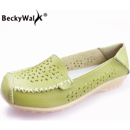 BeckyWalk Summer Women Ballet Flats Cow Leather Hollow Flat Sandals Shoes Woman Slip On Loafers White Spring Moccasins WSH2772