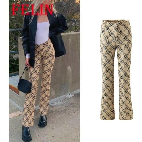 Za Fashion 2021 Plaid Print Long Pants Women Vintage High Waist Button Sexy Slim Trousers Mujer Y2K Chic Pants