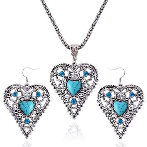 New Hot Fashion Women Rhinestone Jewelry Set Handmade Vintage Silver Plated Heart Drop Earring/Pendant Necklace Set for Women