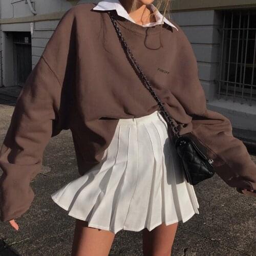 Women Loose Style Pullover, Brown Letters Embroidery Pattern Long Sleeve Round Collar Hoodie