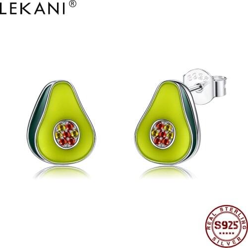 LEKANI 925 Sterling Silver Green Enamel Avocado Fruit Stud Earrings For Women Girl Sparkling CZ Small Earring Silver Jewelry