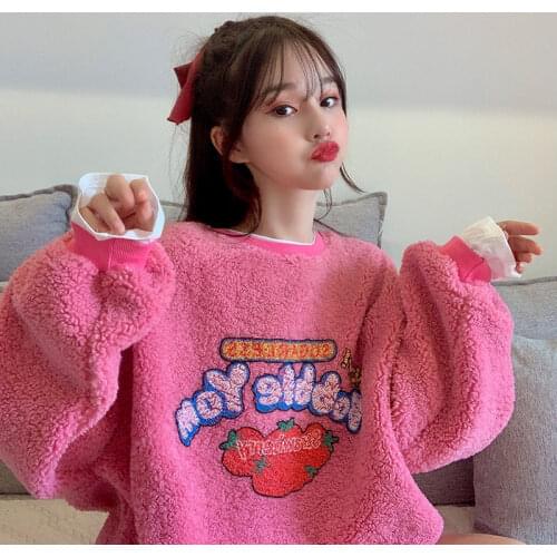 Strawberry Print Cute Korean Version Plus Velvet Thickening Lambswool Streetwear Female Y2K Loose Tops Warm Pullover Sweatshirt