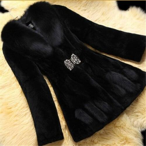 2021 Plus Size Fashion Women Fur Coat Faux Rabbit Fur Winter Mid-length Korean Furry Fox Fur Collar Woman Jacket Femmes Manteaux