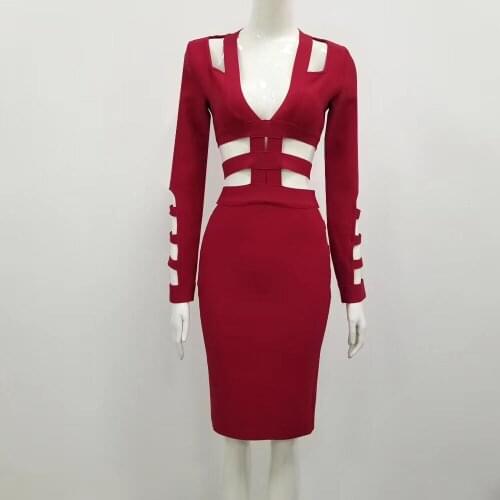 New High Quality Spring Summer Women Wholesale Long Sleeve Red Hollow Out Celebrity Bandage Sexy Evening Bodycon Midi Dresses