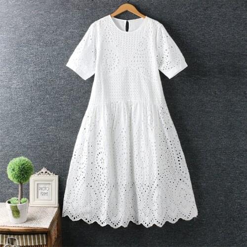 Lamtrip Retro Hollow Out Embroidery Short Sleeve Fairy Beach Dress Cotton Robe 2021 Summer