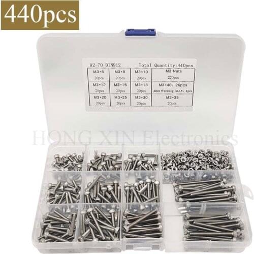 440pcs M3 (3mm) 304 A2 Stainless Steel Allen Bolts Hex Socket Head Cap Screws Wrench Nuts Assortment Kit free shipping screw