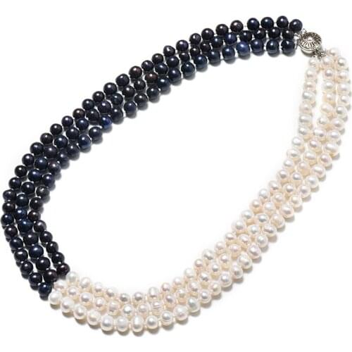 Pure Black Smooth beads and Pure white full beads Mashup style 7-8 mm Freshwater Natural Chain Type Necklace