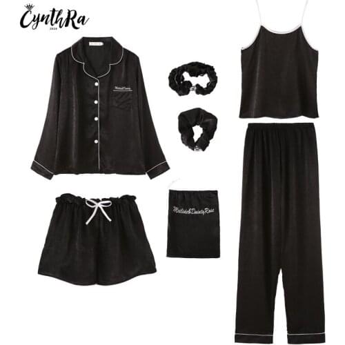 CYNTHRA Women Pijamas Sleepwear Set Man -Made 7Pcs Silk Sexy Breathable Fashion Summer Simple Pure Color Nightclothes Homewear