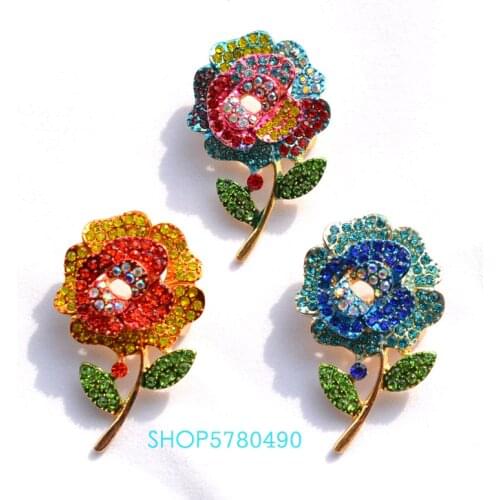 Elegant Flower Brooch for Ladies Wedding Accessory Gold Color Rhinestone Rose Painted Brooch Breast Pin Garment Fashion Jewelry