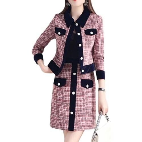 Elegant Tweed Woolen Womens Suit Patchwork Turn Down Collar Long Sleeve Jacket Coat +High Waist Plaid Skirt Two Piece Set