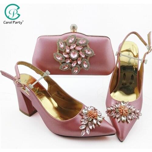 Italian Design Nigerian New Arrival Fashion Pink Color Party Ladies Shoes and Bag Set Decorated With Rhinestone and Appliques