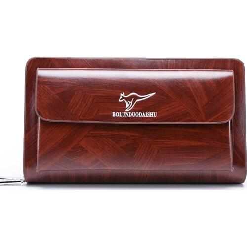 Luxury Brand Bag Wood Grain Leather Double Zipper Mens Handbag Wallet Clutch Sacoche Homme Fashion High Quality Bolso Hombre