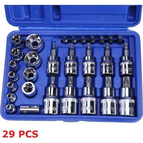 29PC 1/4 3/8 1/2 Torx Star Socket Bit Set Tool Female Male Torx E&T Sockets Kit Case Mechanics Enginner Wrench Car Repair Tools