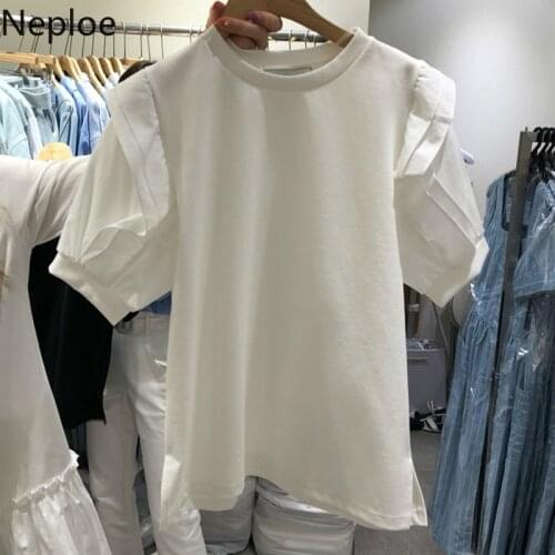 Neploe Korean 2021 Summer New Arrival Solid Short Sleeve Ladies T Shirt Fashion O Neck Puff Sleeve Casual Solid Tee Tops 1A233