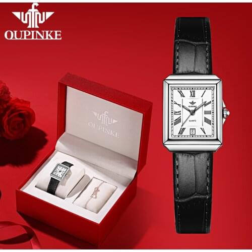 OUPINKE Fashion Square Watch For Women Luxury Brand Swiss Quartz Wristwatch Sapphire Leather Strap Dress Ladies Watch Gifts set