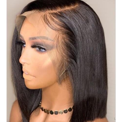 Remy Jet Black Transparent Lace Front Human Hair Wig For Woman Blunt Cut Short Bob With Baby Hair Natural Hairline Bleached Knot
