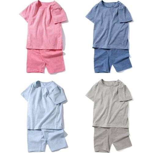 Teens Pajamas Sets Big Boys Girls Summer Stripe Cartoon Cotton Sleepwear Kids Short Sleeve Top+Pants 2PCS Loungewear Clothes