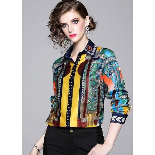 Womens spring autumn Long sleeve satin print shirt female vintage casual basic OL Shirt plus size chic Blouse TB787