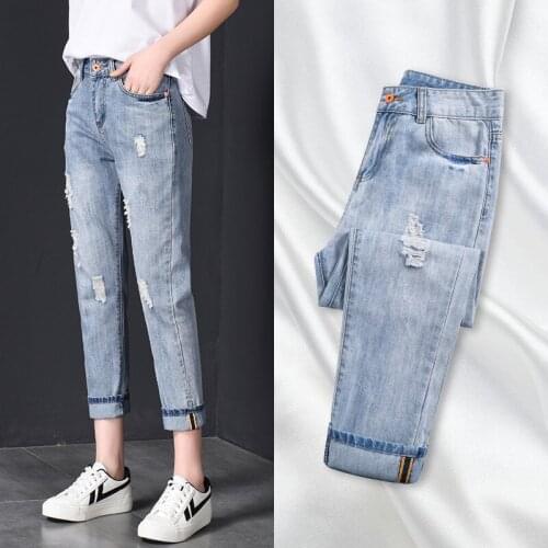 Ripped Jeans Womens Loose 2021 Summer Thin New Small Nine-point Harlan Straight Daddy Pants Mother Jeans