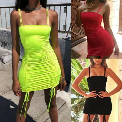 2020 Solid Color Sexy Dresses Women Short Party Evening Sleeveless Stretch Strappy Spaghetti Collar Draped Bodycon Mini Dress