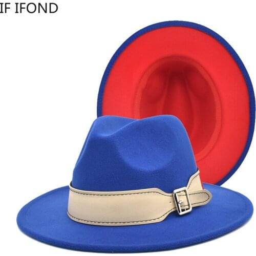 2021 New Royal blue with red Patchwork Wool Felt Jazz Fedora Hats with Wide Belt Buckle Wide Brim Party Trilby Hat