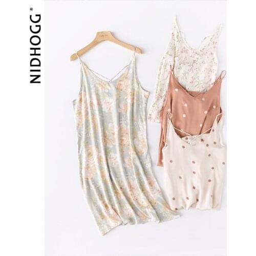 2021 Summer New Women Spaghetti Strap Vest Skirt Viscose Satin Print Cross-back Nightgowns Sleeveless Sexy Sleeping Dress