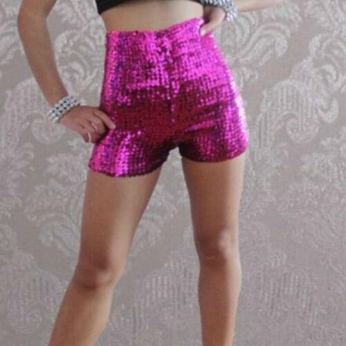 Women Full Sequins Shorts High Waist Shiny Glitter Dance Hot Stretch Disco Club Stage Dancers Show Dancers Hips Long Leg Shorts
