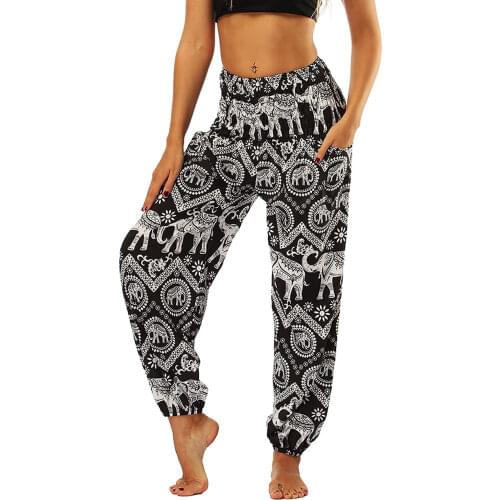 Womens Smocked Waist Boho Floral Print Harem Yoga Pants, Smocked Waistband Bohemian Wide Sports Pants