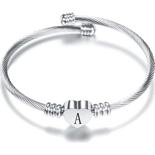 Fashion Heart Charm Bangle with Initial Alphabet Letter Engrave High Quality Women Jewelry Open Bangles Wholesale for Girls Gift