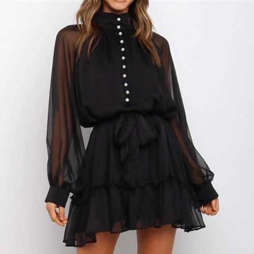 2021 New Spring and Summer Womens Dress Half High Neck Black Perspective Lace Short