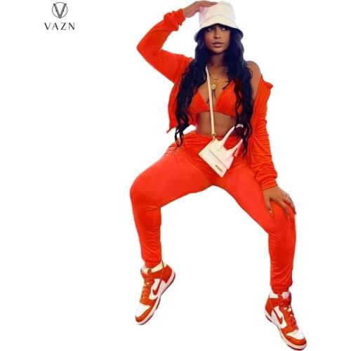 VAZN 2021 Autumn Nature High -End Solid Solid Young Hooded Full Sleeve Long Pants 1 Piece Underwears Slim For 3 Piece Women