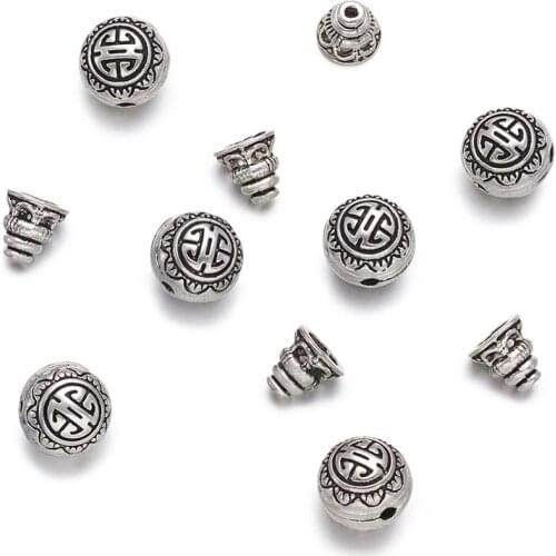10 Sets Tibetan Antique Silver Color Guru Bead 3-Hole Round & Buddha Head Beads For DIY Handmade Bracelet Jewelry Making