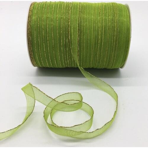 10yds/lot 3/8" 10mm Light green Glitter Golden Rimmed Organza Ribbon Bow Hair Wedding Decoration Lace Crafts