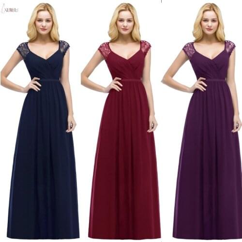 2019 Cheap Burgundy Purple Navy Blue Chiffon Long Bridesmaid Dresses Sleeveless V Neck Wedding Party Guest Dress