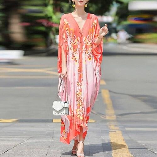 2021 Designer Fashion Summer Dress Women V-Neck Flower Printed Batwing Sleeve Loose Holiday Party Maxi Long Female Dress