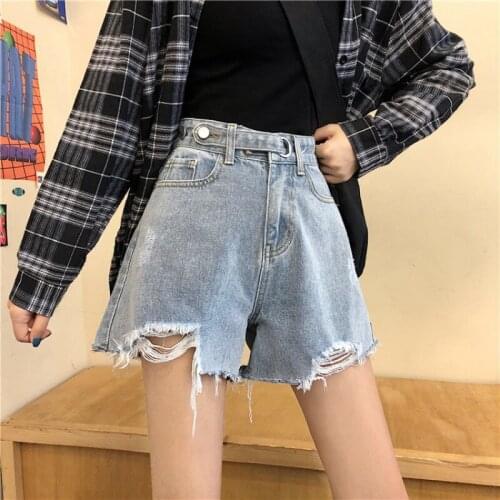 2021 New Womens Denim Shorts Loose Light Blue High Waist Pants Slim Hole Blue Wide Leg Pants Ladies Shorts Summer Clothing