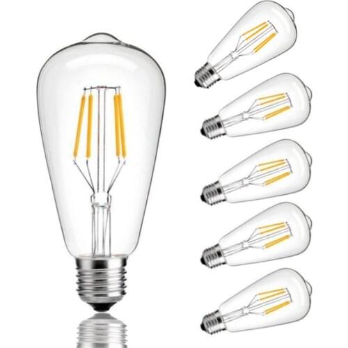 6pcs ST64 4W LED Edison Filament Light Bulb COB E27 220V 360 Degree Energy Lght lamp Retro Glass Bulb Vintage Candle Light 4pcs