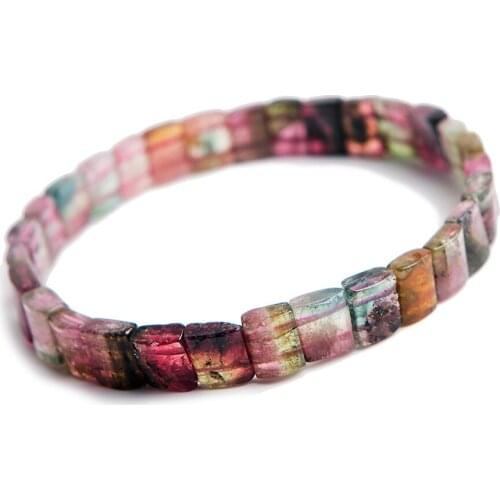 Genuine Colorful Natural Tourmaline Bracelet 8*4mm Woman Lady Stretch Healing Rectangle Crystal Bead Bracelet