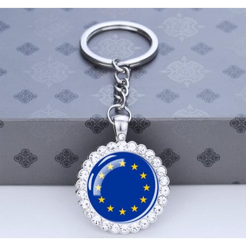 Eu 27 Countries Flag Keychain Glass Cabochon Rhinestone Keyring Czech France Sweden National Flag Jewelry European Traveler Gift