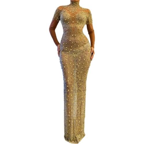 Shining See Through Mesh Gold Rhinestones Long Dress Bar Birthday Celebrate Dress Prom Dance Women Singer Transparent Dresses