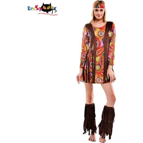 Eraspooky 60s 70s Peace and Love Retro Hippies Cosplay Halloween Costume For Women Floral Disco Dress Headband Carnival Outfit