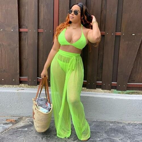 Fluorescent Green Sexy 3 Piece Bikini Sets Summer Outfits Halter Backless Bra Top+fishnet Hollow Wide Leg Pant Beach Swimsuit
