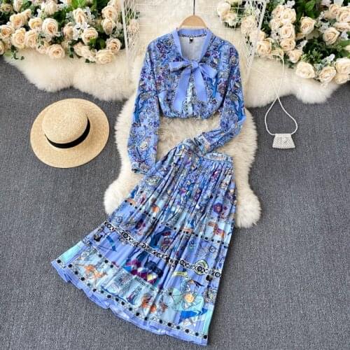 Foamlina Elegant Women 2 Piece Sets Blue Long Sleeve Bow Tied Shirt and High Waist Midi Pleated Skirt Suits Female Clothing Sets
