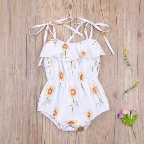 Cotton Casual Baby Girls Lace-up Sling Romper Cartoon Sunflower Print Falbala Elastic Summer Toddler Infant Jumpsuit Clothes