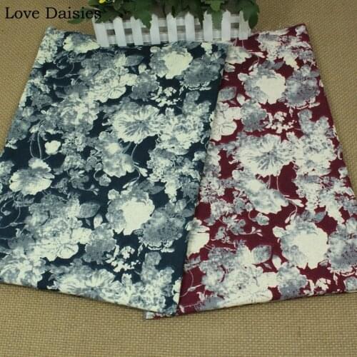 Cotton/Linen Imitation Batik Dyeing DARK RED BLUE White Flowers Fabric for DIY Cushion Apparel dress Tablecloth Craft Home Decor